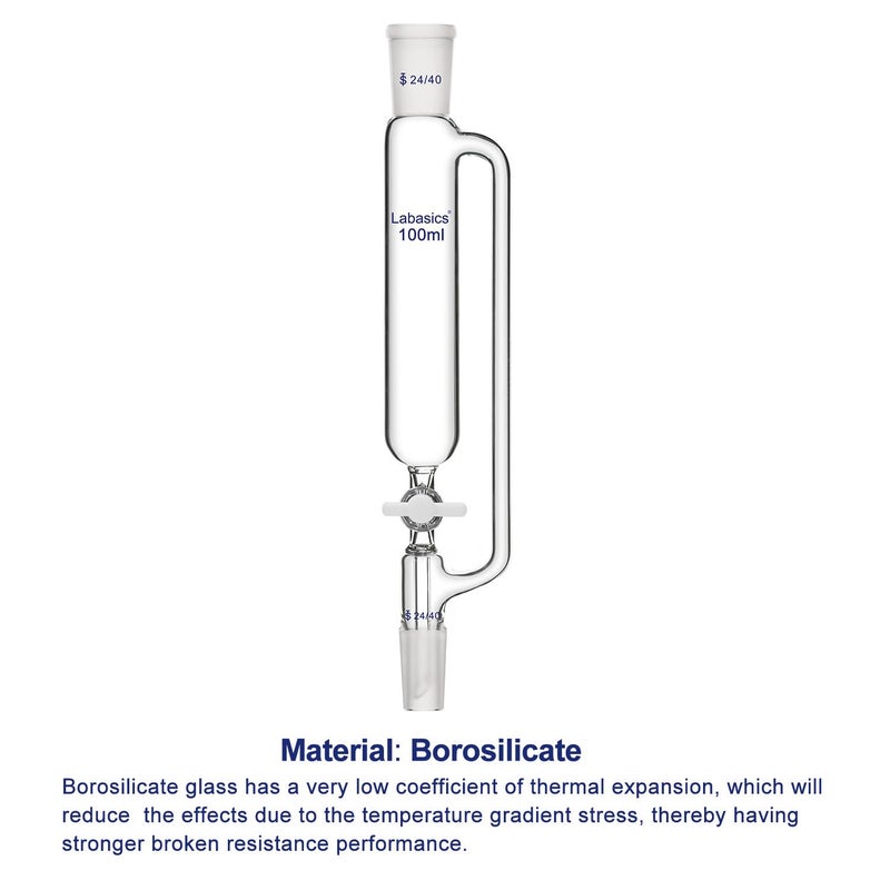 Labasics 100 ml Pressure Equalizing Addition Funnel, Borosilicate Glass Dropping Funnel 24/40 Joint with PTFE Stopcock for Laboratory - Image 3